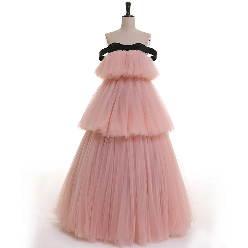 

Pink Women Evening Dresses Tulle Tiered Prom Party Gowns Formal Occasion Vestido De Fiesta Abenkleider robes de soirée