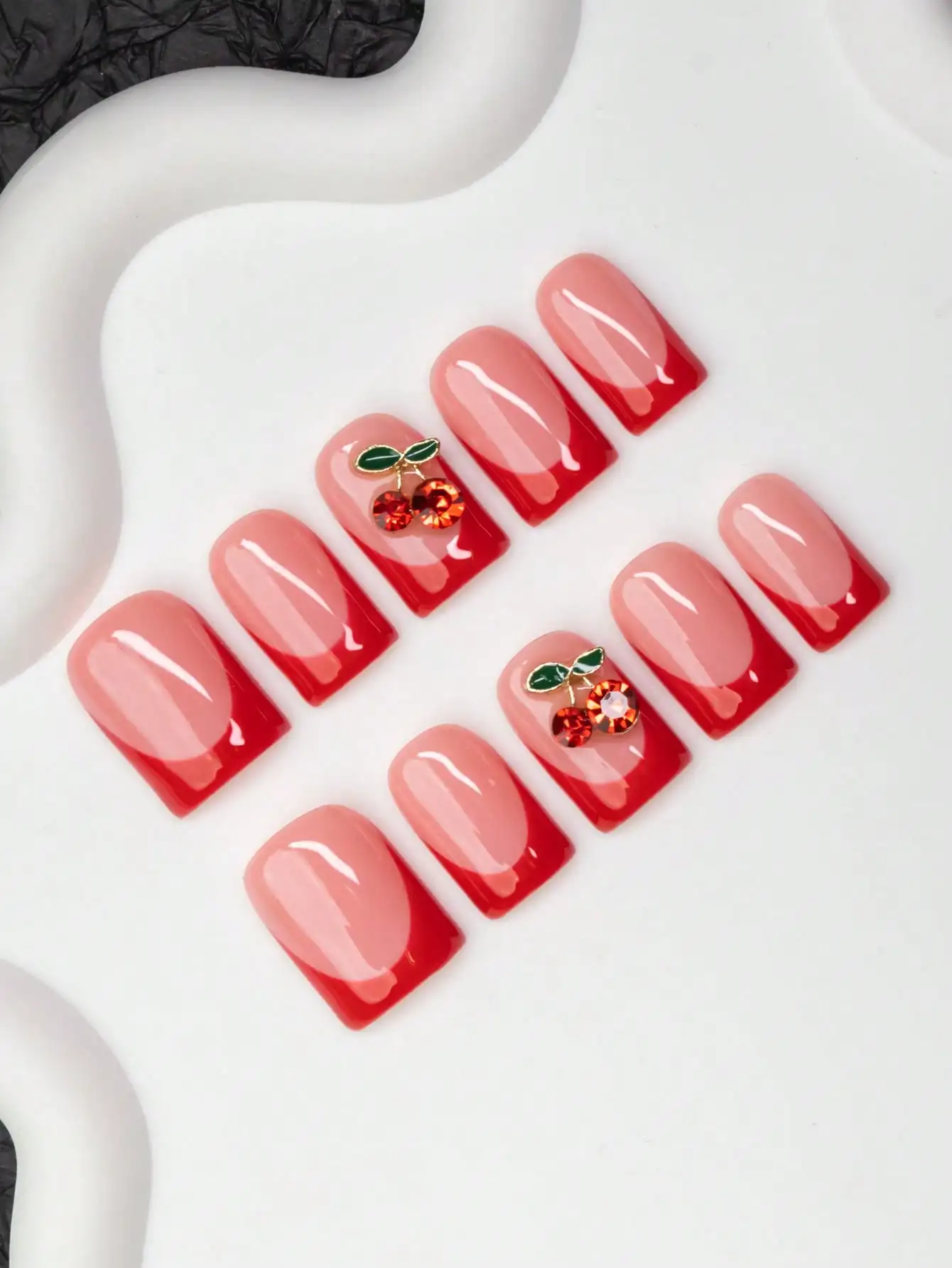 

10pcs Square Shaped Handmade Nail Tips, Y2K Baddie Style, Nude & Red Color French Tip With Cherry Element Design, Suitable For W