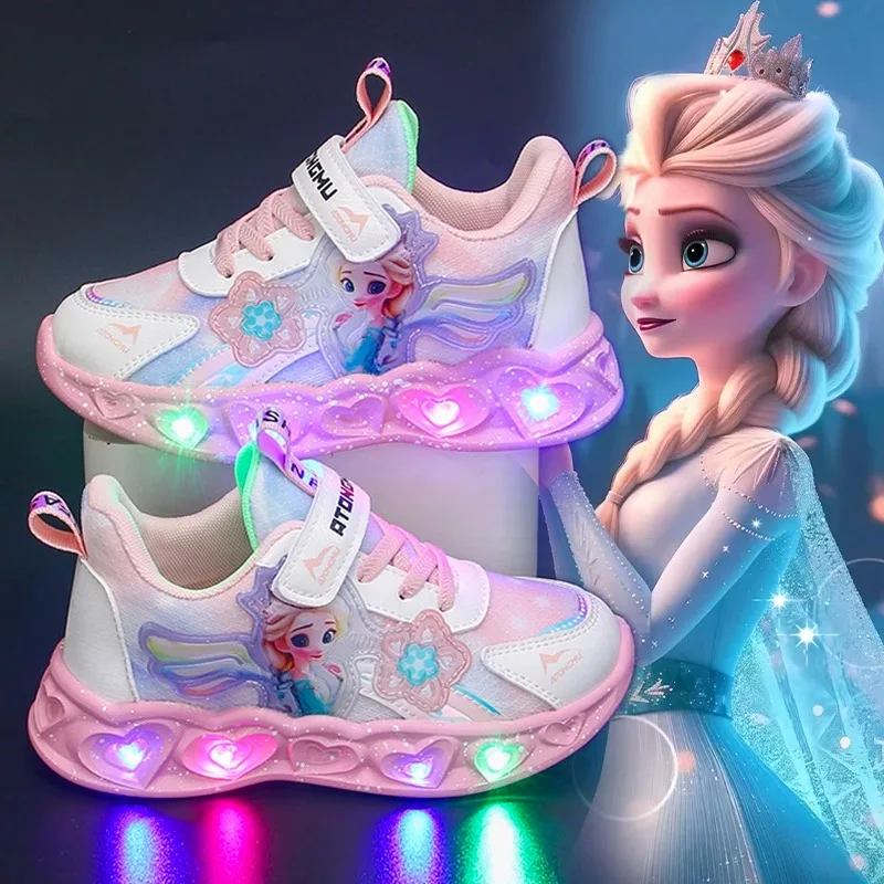 

Disney Children Sneakers 2025 Led Shoes Kids Girls Frozen Elsa Princess Lighting Shoes Pink Purple Casual Sports Shoes
