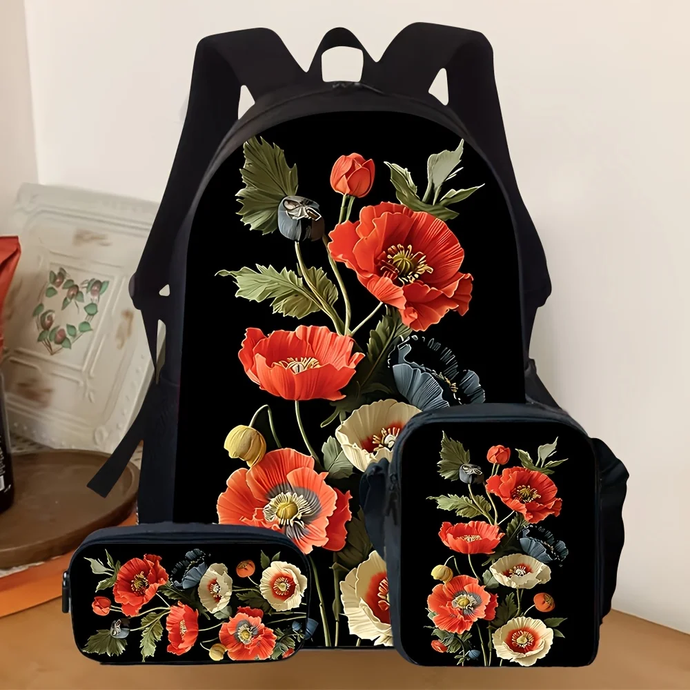 

3pcs [2D Flat] Backpack Set, Red Floral Flower Print Backpack with Pencil Case and Small Bag, Fashionable Multipurpose Daypack f