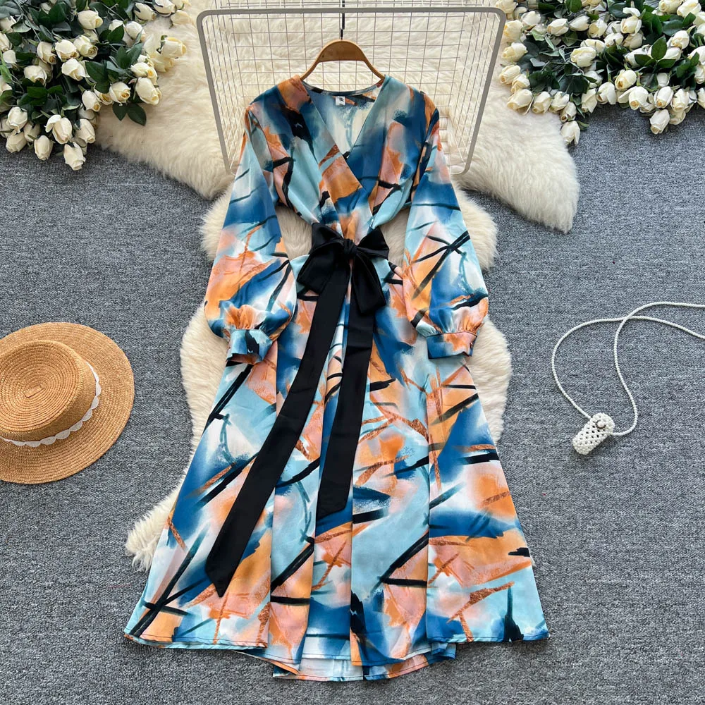 Chic vintage lanterne manches imprimer mince élégant fée mode coréenne Boho robe d'été femmes vêtements robe longue