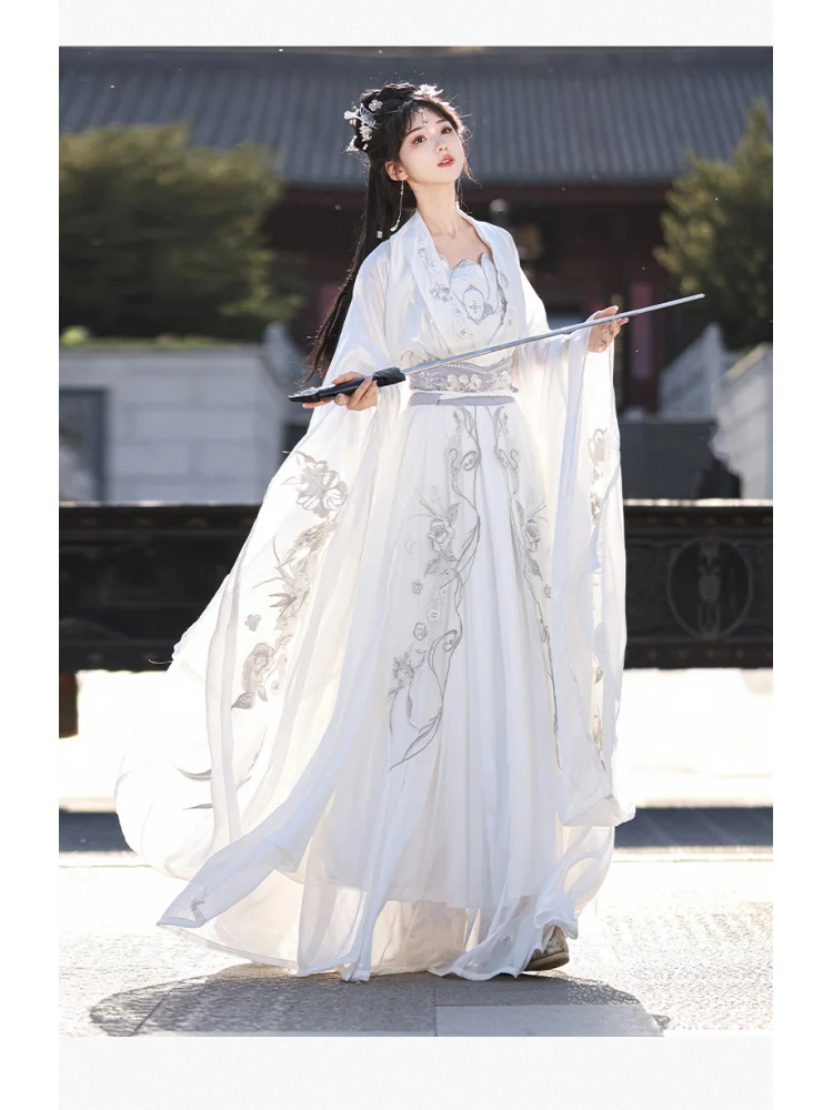 Feminino melhorado dinastia canção hanfu artes marciais inspirado antigo fada blusa de manga grande comprimento da cintura ru saia conjunto primavera