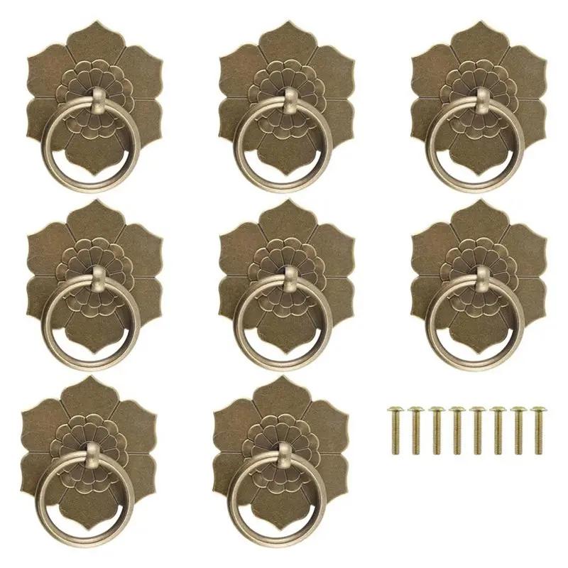 VELIF-Vintage Drop Ring Knobs Tone Ring Pulls Flower Shape For Dresser Wardrobe Kitchen Drawer Cabinet Hardware