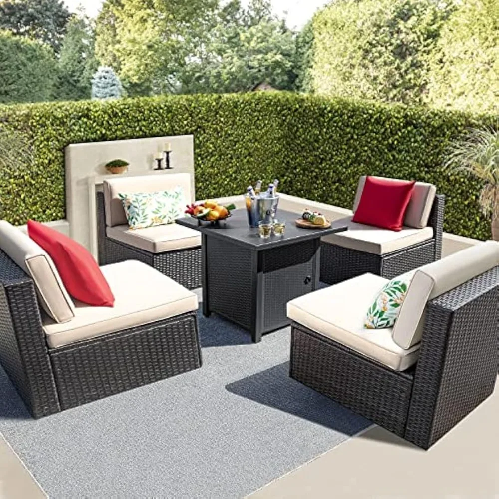 

5 Pieces Outdoor Patio Furniture Set with Outdoor Rattan Sectional Sofa and 28" Propane Fire Pit Table All Weather PE Wicker Cu