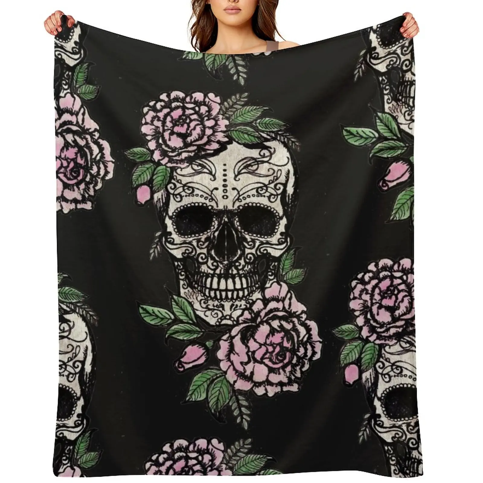 

Sugar Skull and Roses Throw Blanket Thin Flannel Decorative Beds Bed linens Blankets