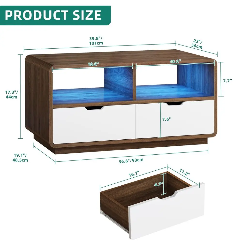 Mesa de café moderna com gavetas, luzes LED, sala e quarto