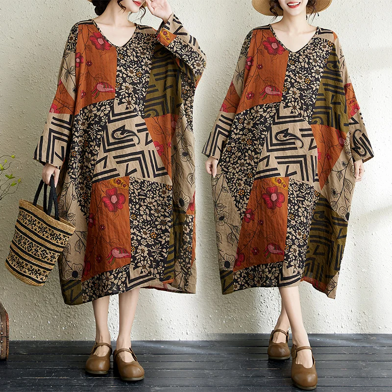 Artistic Loose Long V-Neck Midi Dress Women's plus Size Cotton Polyester Blend Citywalk Straight Cut Long Sleeve Dress