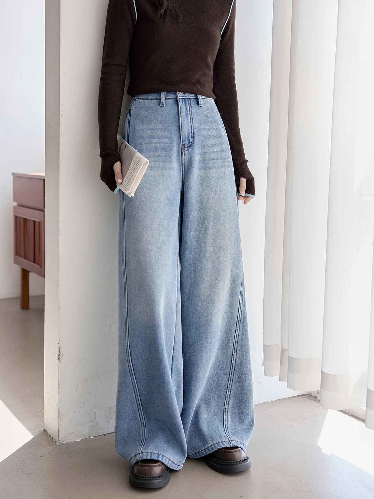 

High Waist Wide Leg Blue Fce Lined Denim Jeans Women Winter Thi New Sle Casual Faion Dstring Bootcut Trousers