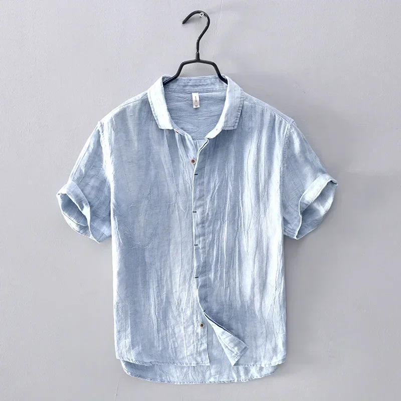 2024 Japanese simple Oxford spinning solid color short shirt for men\'s linen thin casual short sleeve shirt