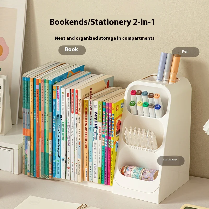 Expandable 2 in 1 Bookends and Pen Holder Desk Organizer Book Stand Holder Rack Multifunctional Large Capacity Book Organizer