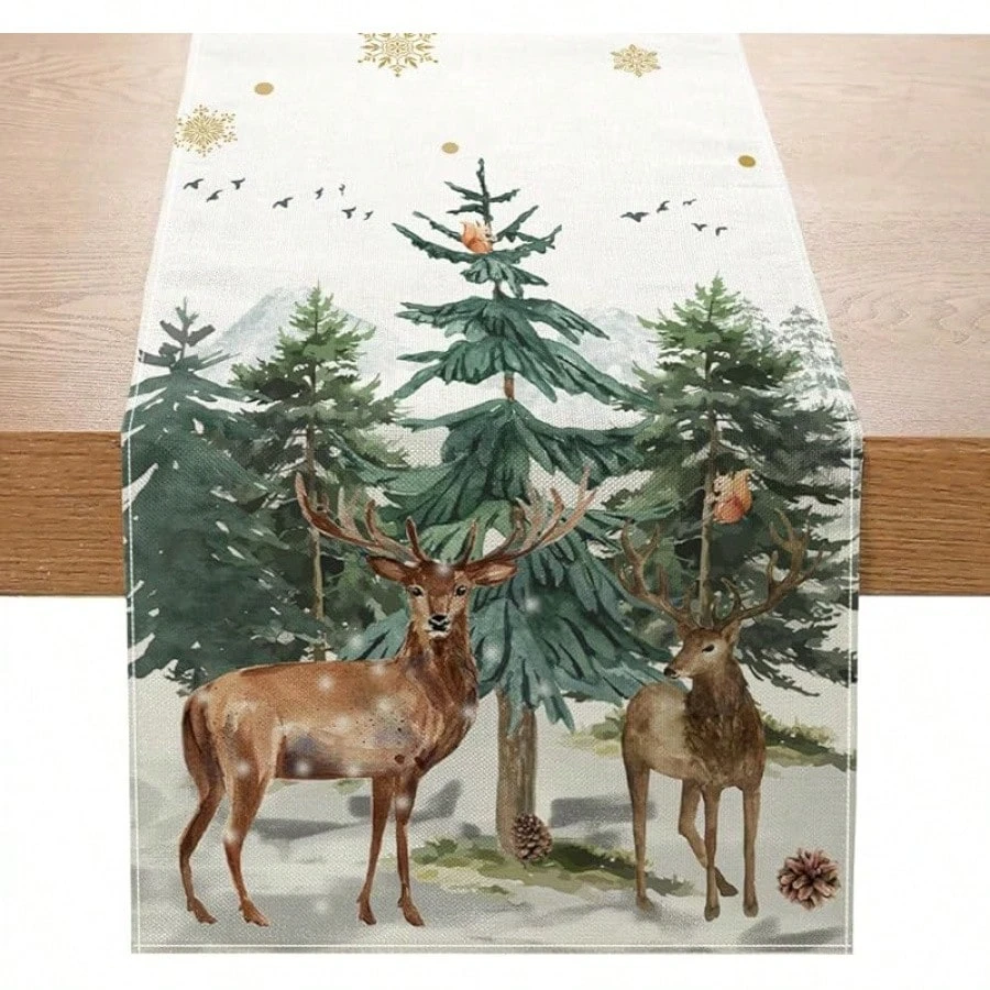 JIT 1 Christmas Deer Pine Forest Polyester Table Runner 2D Flat Print Rustic Home Decor Dining Table Decoration Nature-Inspired