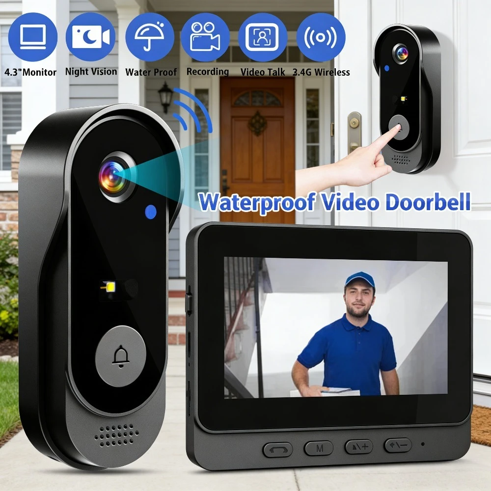 

Wireless Door Bell 4.3" Color Display Smart Video Doorbell Waterproof One-Key Record 2.4G WiFi Night Vision For Home Security