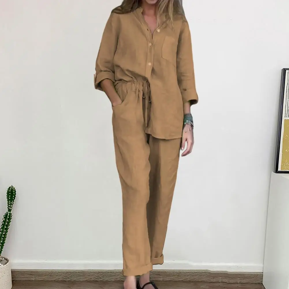 

Lady Loose Pantsuit Stylish Women's Shirt Pants Set with Lapel Collar Chest Pocket Casual Outfit with Drawstring for Everyday