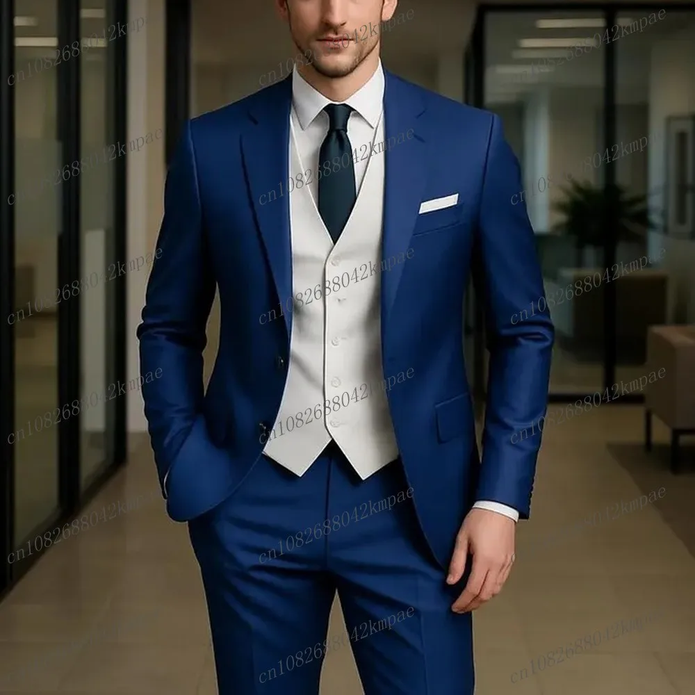 

Новый сине-белый деловой мужской костюм для жениха, жениха, свадебной вечеринки, выпускного вечера, деловые мужские смокинги, комплект из трех предметов, пиджак, жилет, брюки