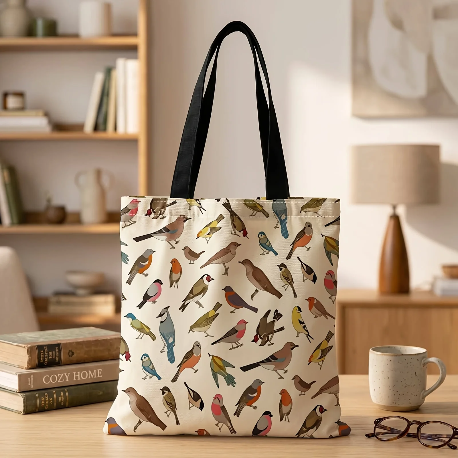 2D Printed Handbag with Feathered Friends Everywhere Pattern, Reusable Fashion Shoulder Bag Shopping Tote Bag Suitable for Shopp