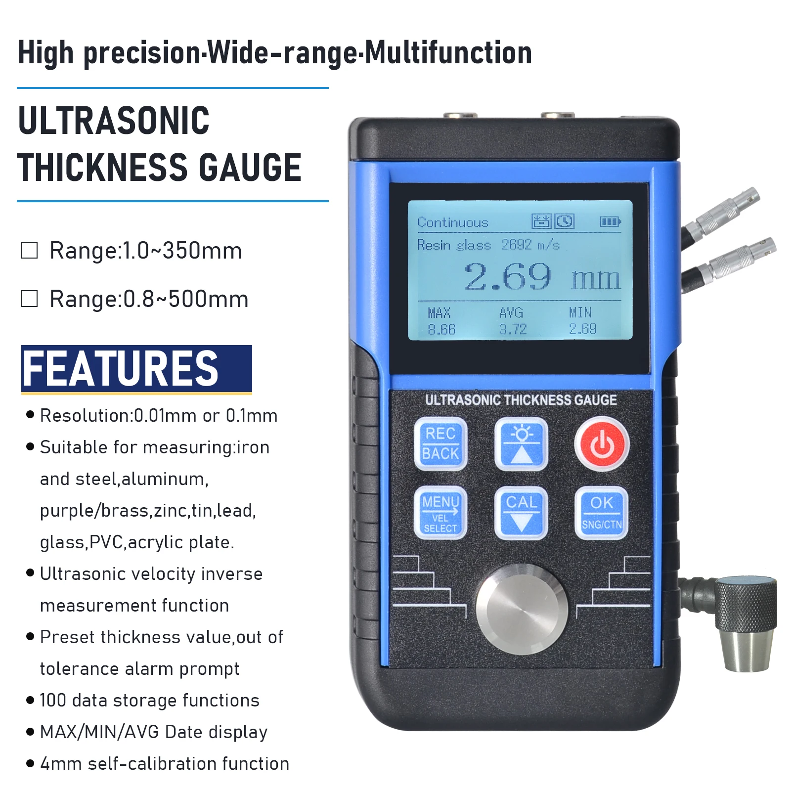 Holdpeak Digital Ultrasonic Espessura Medidor Pintura Espessura Tester para Metal Vidro Pvc Acrílico T9130s 1.0350 mm