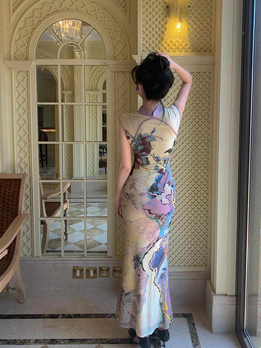 REDDACHiC التعادل صبغ طباعة شبكة شيونغسام المرأة أنيقة اتجاهين طويل ذيل السمكة تشيباو فستان التقليدية الصينية حفلة ثوب مسائي