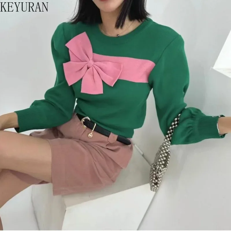 2024 Autumn Winter New Sweet Big Bow Knitted Pullover Sweater Women Korean Chic O-neck Long Sleeve Sweaters Jumper Knitwear Tops