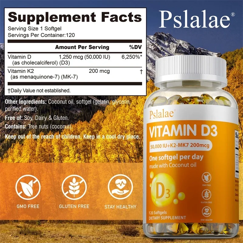Vitamin D3+K2 Supplement To Support Joint, Bone and Immune Health Non-GMO Formula Easy-to-swallow Vitamin D & K Complex