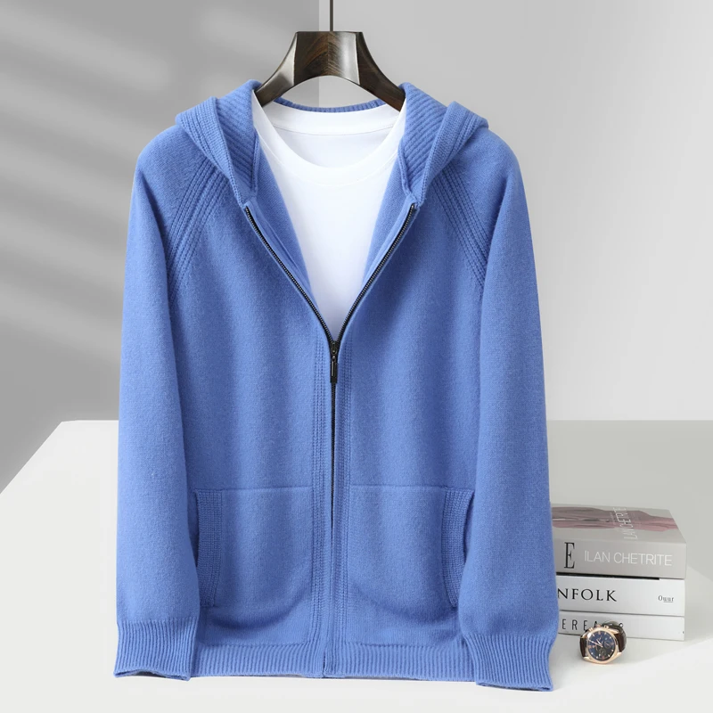 Men's Hooded Collar Zipper Cardigan 100% Merino Wool Knitted Sweater Casual Loose Autumn Winter Thick Warm Jacket Men's Clothes