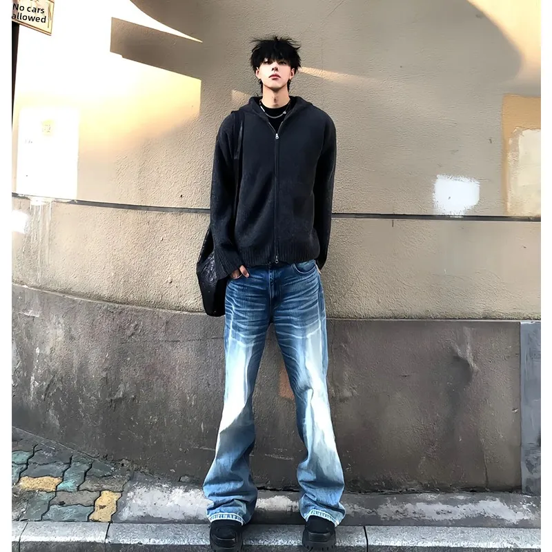 

Deep ey Zipper Knitted Open Cardigan Sweater Men's Autumn Winter High End Lazy Yarn American Retro Hooded Jaet