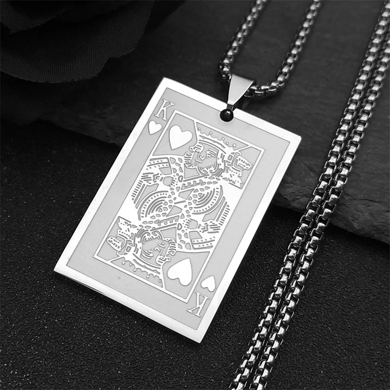 Punk Stainless Steel Playing Card King Necklaces Chain Women Silver Color Necklaces Jewelry bijoux acier inoxidable XH238S03