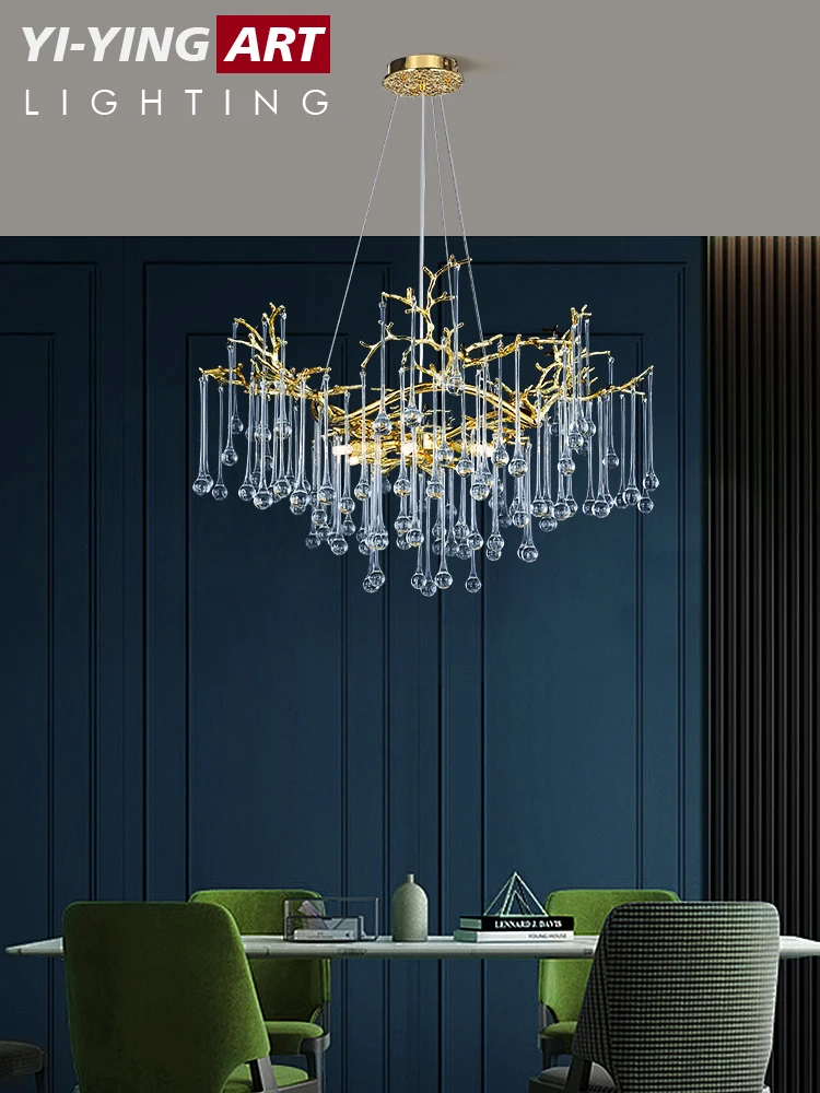 Postmodern Italian Luxury Living Room Pendant Light Droplet Crystal Light French Villa Restaurant Art Branch Pendant Light