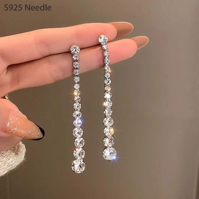 

Silver Needle Long Dangle Drop Earrings for Women Shining Rhinestone CZ Female Fashion Party Earrings