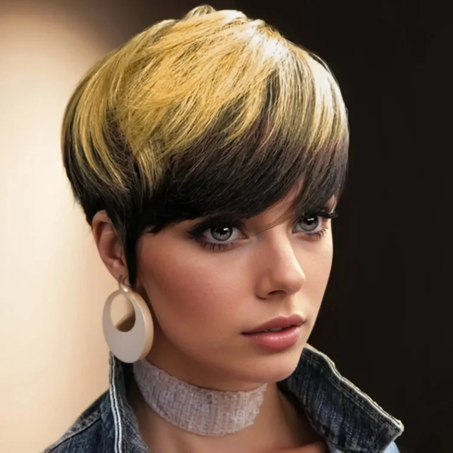 1B/27 트렌드 컬러 짧은 레이어드 픽시 가발(뱅 포함) 브라질 스트레이트 인모 전체 기계 제작 가발