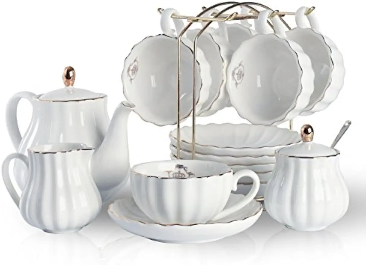 

British Royal Style Porcelain Tea Set with Teapot, Cups, Saucers, and Accessories for Elegant Tea Time