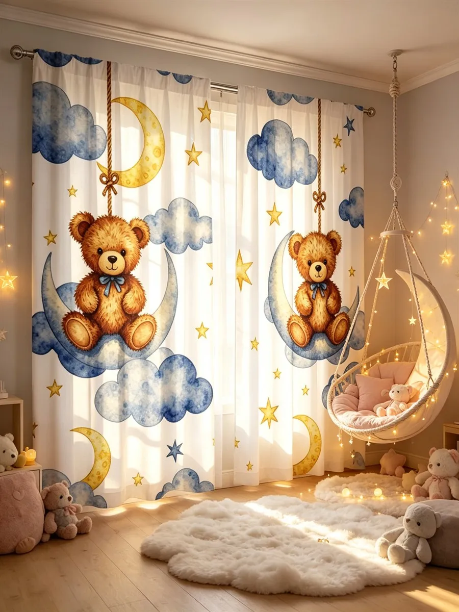 2PCS Cartoon Digital Print Curtains, Teddy Bear Swinging Moon Clouds, Cute Watercolor Kids Style, Baby Nursery Bedroom Decor
