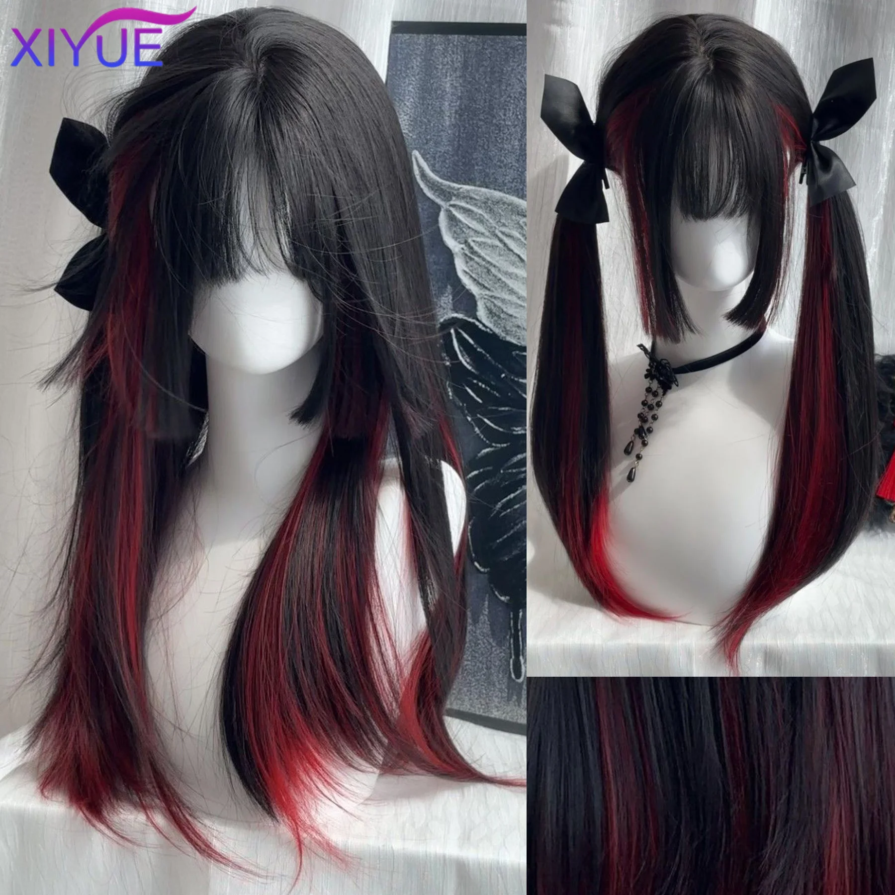 

XIYUE Long Straight Cosplay Wig Women Costume Party Black Red Ombre Heat Resistant Synthetic Hair Wigs