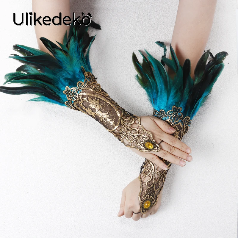 Rave rękawiczki damskie koronkowe piórko mankiety rękawy gotyckie rękawiczki Party Showgirl Feather Arm mankiety Steampunk akcesoria pióropusz