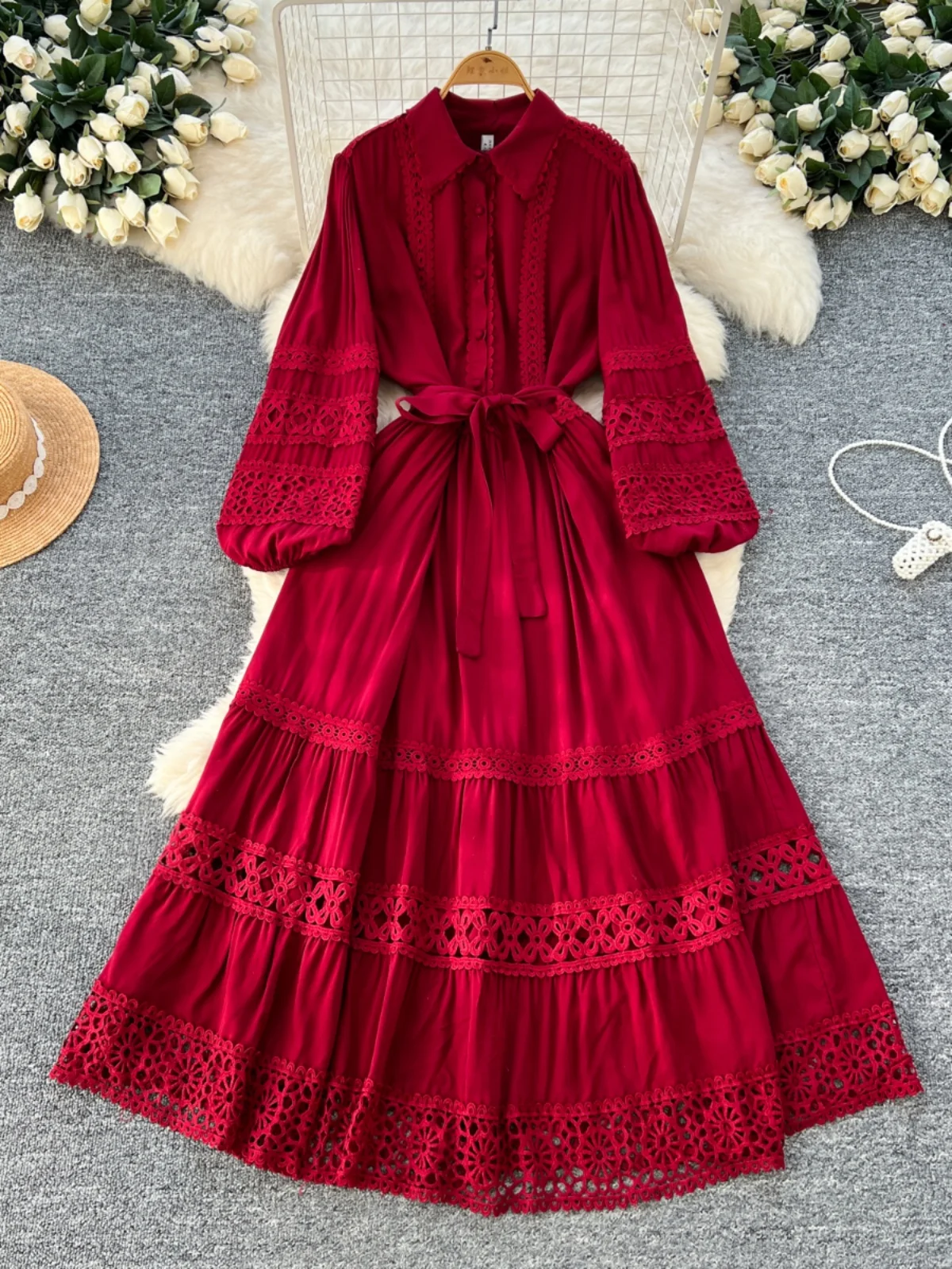 

Женская длинная юбка А-силуэта с кружевными вставками и вырезами, с завышенной талией, в корейском стиле, для офиса, весенняя мода