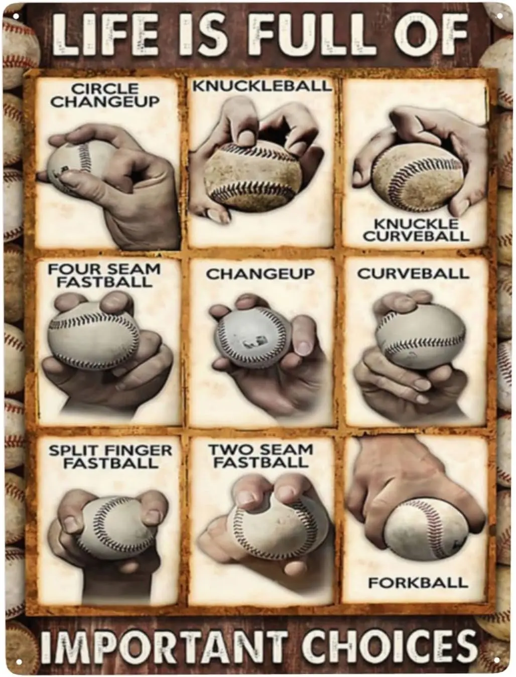 Baseball pitching grips cheat sheet Vintage Tin Sign Metal Poster Art Funny Tin Sign for Office/Home/Classroom Bathroom Decor Gi