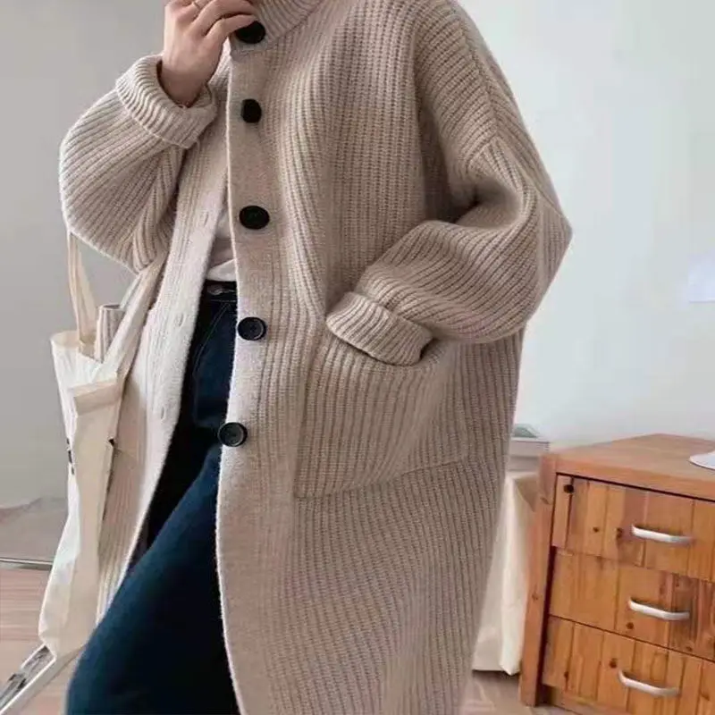 

Thick 2023 Knitted Cardigan Women Patchwork Autumn Winter Spring Elegant Long Outerwear Maxi Y2k Sweater Coat Soft Jacket