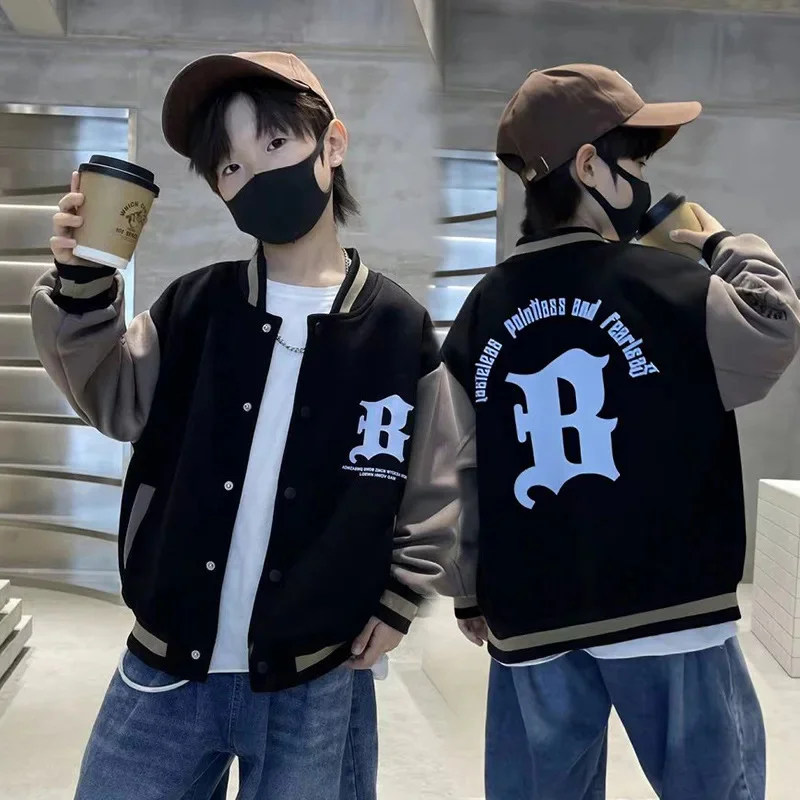 Autumn Boys Spring Cotton Contrast Alphabet Single-breasted Sweat Varsity Jacket School Kid Track Coat Child Outfit Tops 5-16Yrs