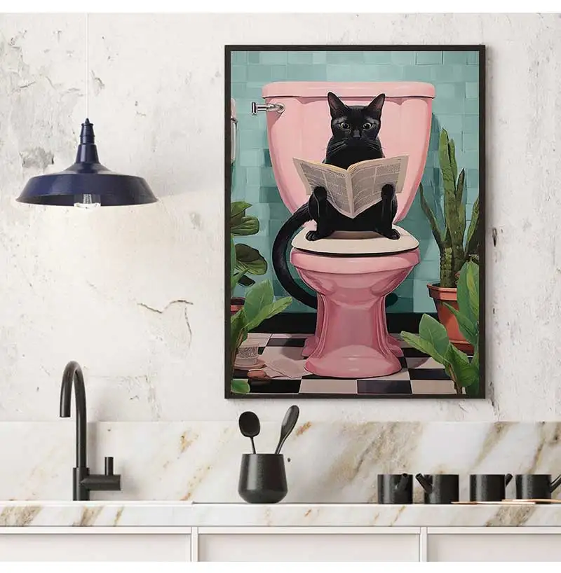 Modern Simple Wall Art Funny Animal Black Cat Cat Reading Newspaper Canvas Print Poster Home Toilet Bathroom Decorative Pictures