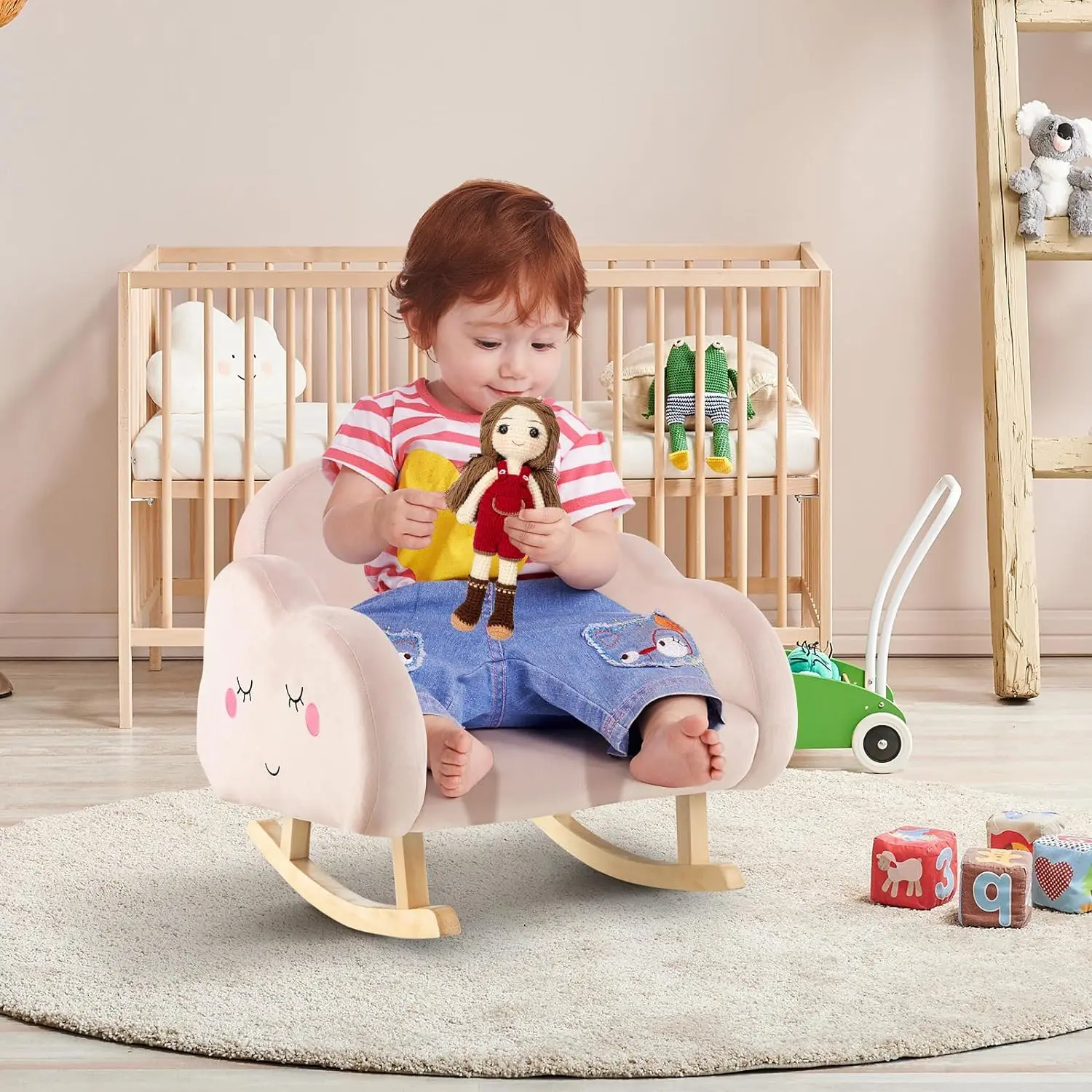 Silla basculante para niños con marco de madera maciza y funda de terciopelo, muebles para niños, sofá para niños pequeños, sala de juegos, guardería