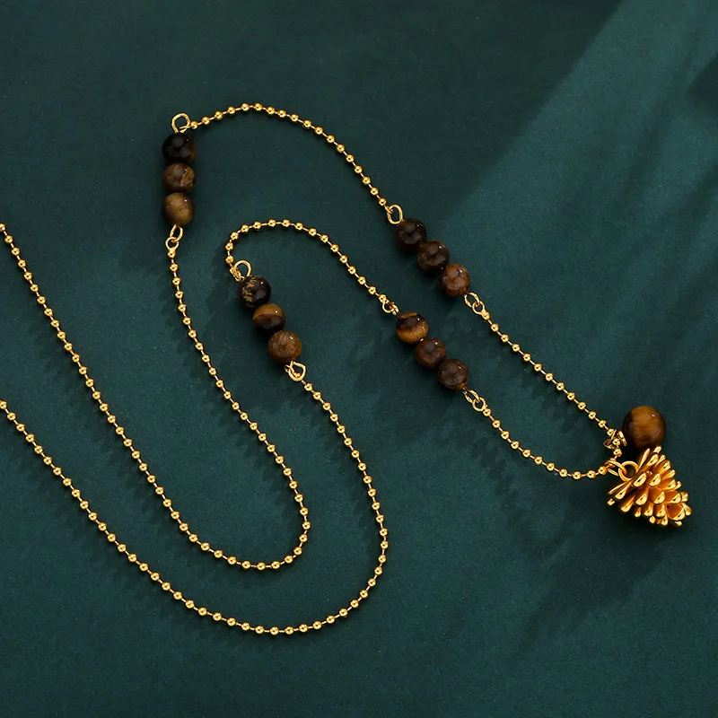 Bracelet Hand String Autumn And Winter Vintage Pine Cone Pendant Imitation Tiger Eye Necklace Accessories Maillard Light Luxury 2