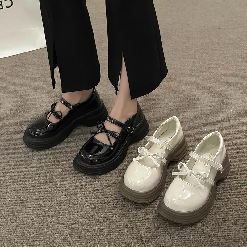 

Black Chunky Platform Mary Jane Shoes for Women 2025 Spring Patent Leather Pumps Woman Thick Bottom Bowknot Lolita Shoes Ladies