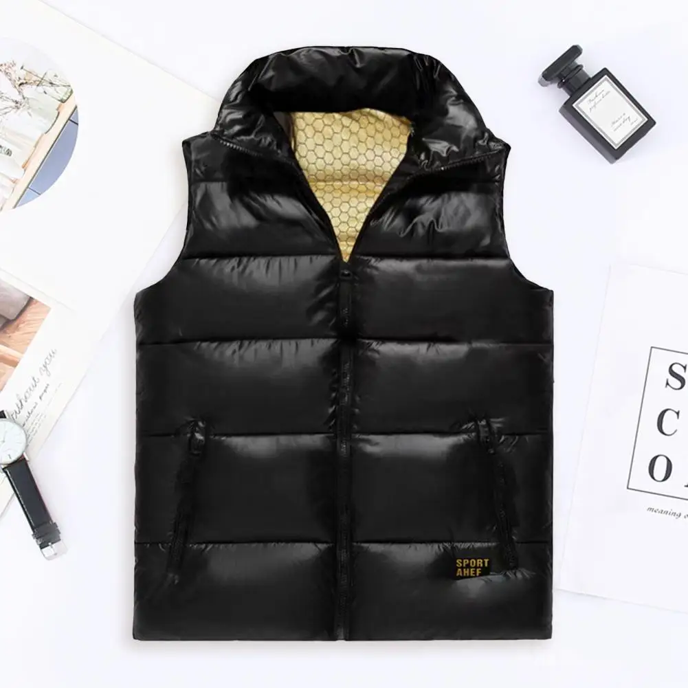 Anti-fouling Vest Men's Stand Collar Sleeveless Thermal Vest with Zipper Closure Pockets Golden Letter Print Waistcoat Coat Men