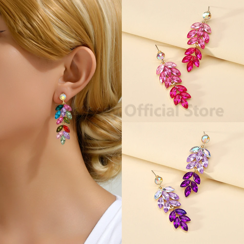 Colorful Leaf Design Shiny Rhinestone Decor Drop Dangle Earrings For Women Elegant Luxury Style Jewelry Banquet Party Ornaments