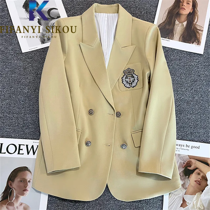 Spring Autumn Women Blazer Jackets Double Breasted Embroidery Fashion Light Yellow Suit Jacket Loose High Quality Blazers Coat