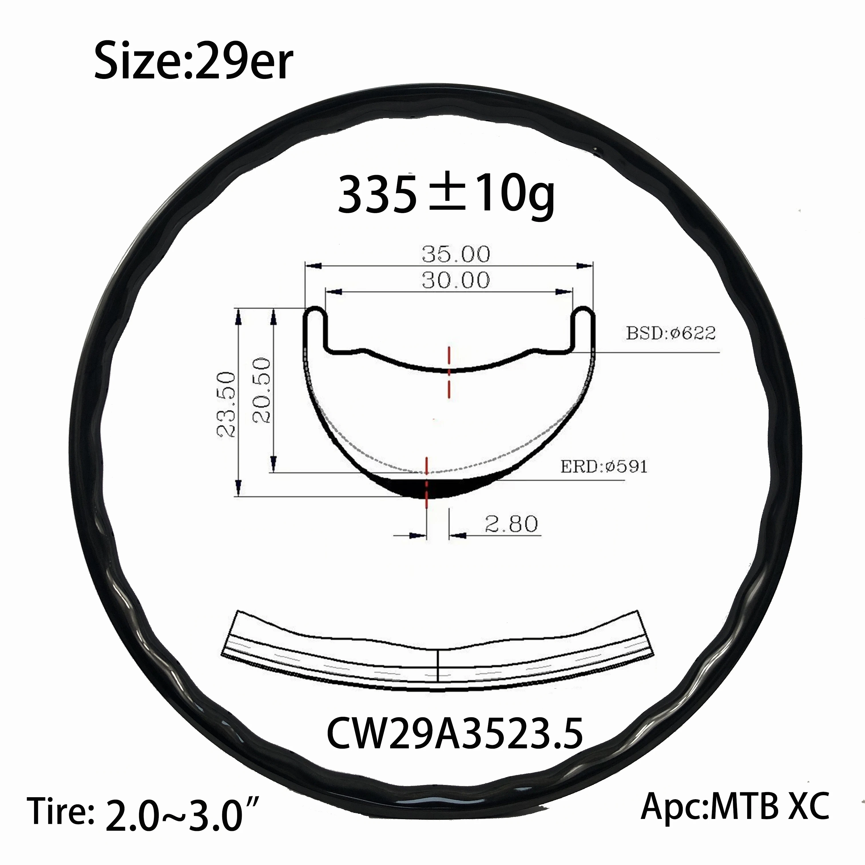 Carbon Bike Wave Designed 29er MTB Rim UD 35mm Width 23.5mm Deep XC Mountain Bicycle Wheel Super Light Weight Matt/Glossy Finish