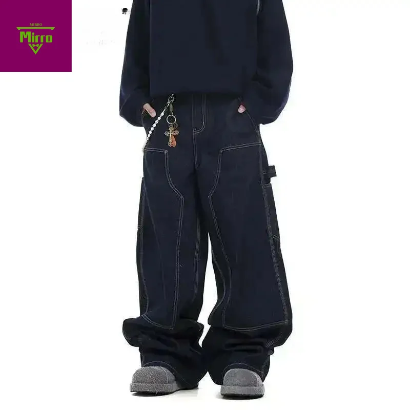 

Niche Hip-hop Dark Blue Denim Silhouette Baggy Jeans American Loose Wide-legged Trailing Pants Men's Trousers Tide