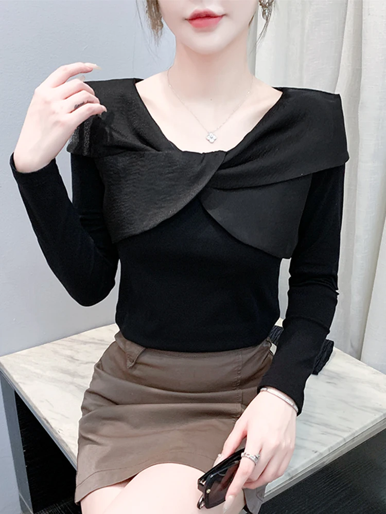 

Sexy V-Neck Cross Long Sleeve T-Shirt Women's Base Shirt Slim Fit Trendy Black Inner Wear Autumn Fashion Cotton Blend