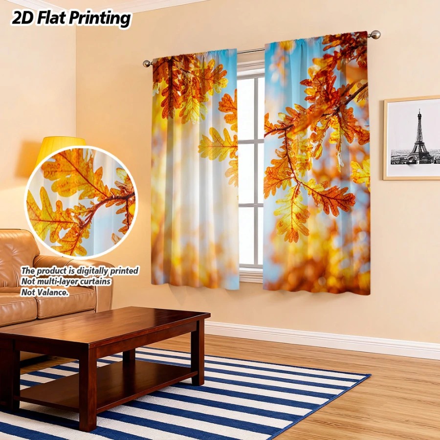 2PCS Digital Print Curtains, Autumn Leaves Sunshine, Warm Fall