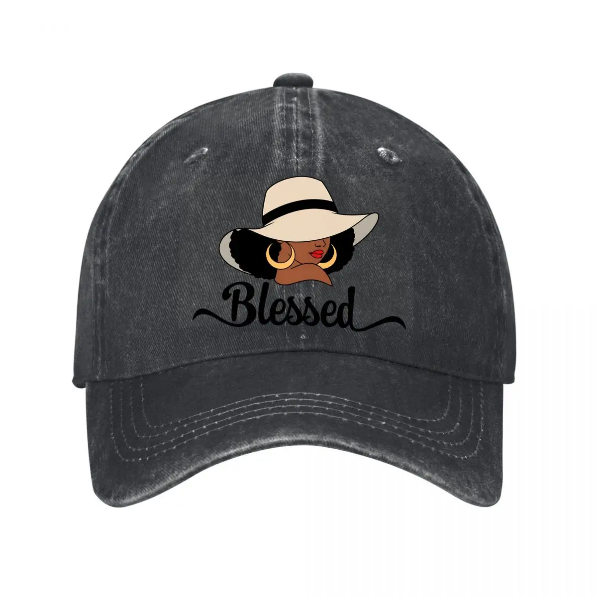 Blessed Elegant Black Woman Portrait Gold Hoop Earrings Washed Baseball Cap Outdoor Hat