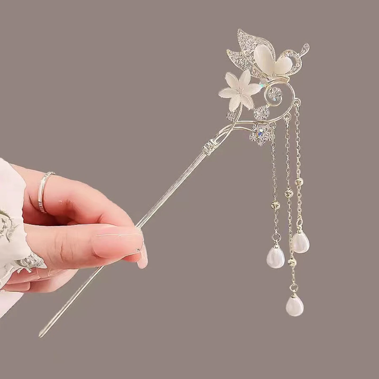 Glossy Rhinestone Butterfly Headpieces Simple Charm Flower Hair Sticks Forks Tassel Beads Hairclips for Women and Girls